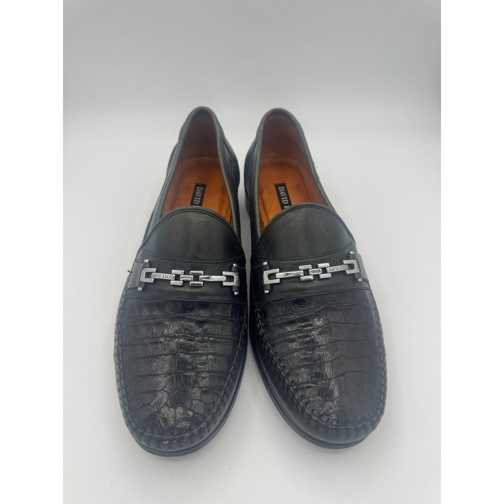 David Eden Mens Black Crocodile Embossed Leather Bit Loafers Size 10.5 Handmade